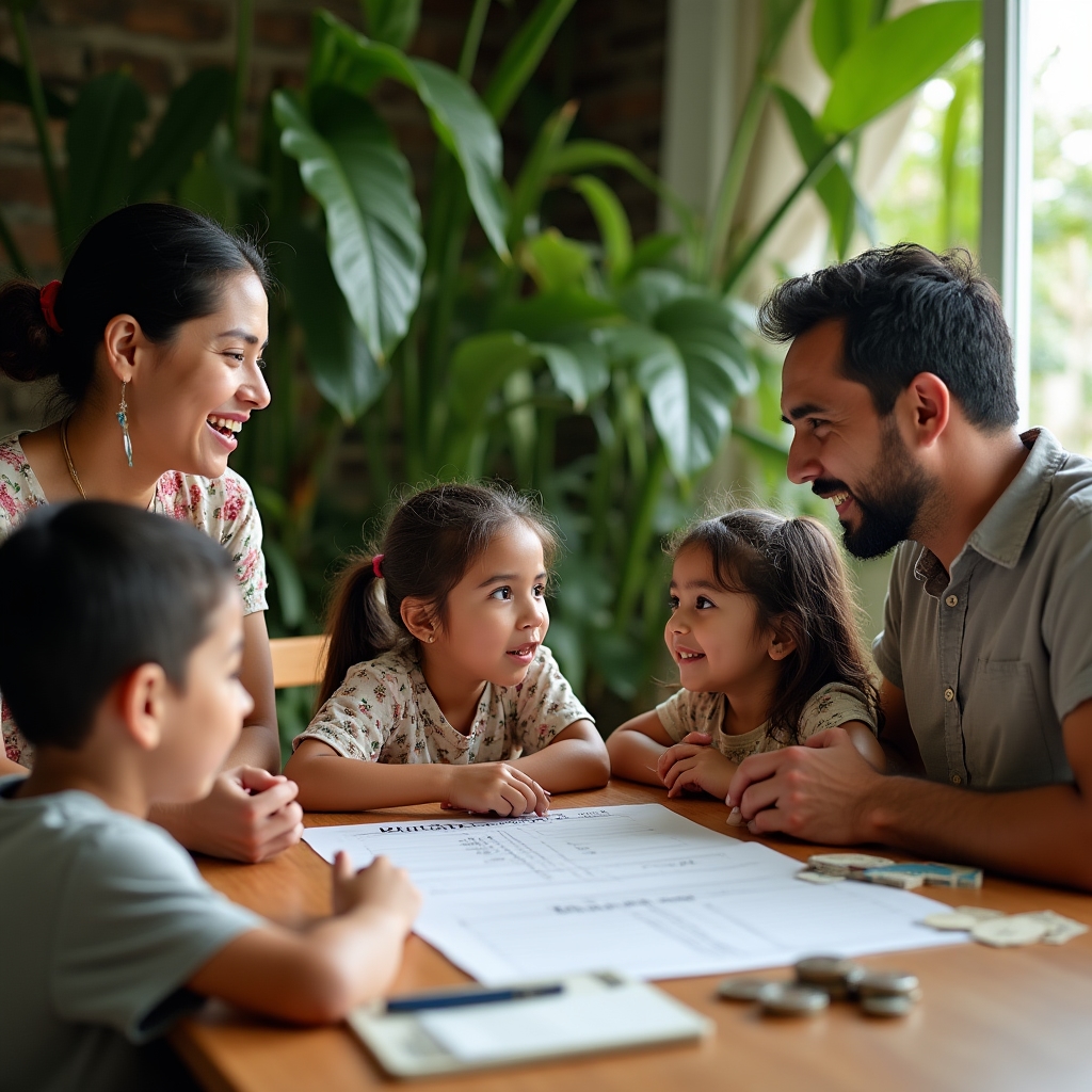 Family sitting together reviewing a simple household budget with children engaged