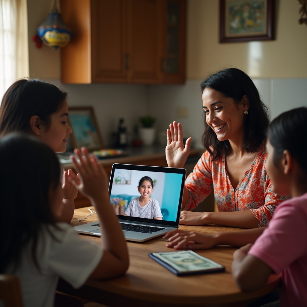 Family in Ecuador having a video call with relatives abroad, discussing financial planning across borders