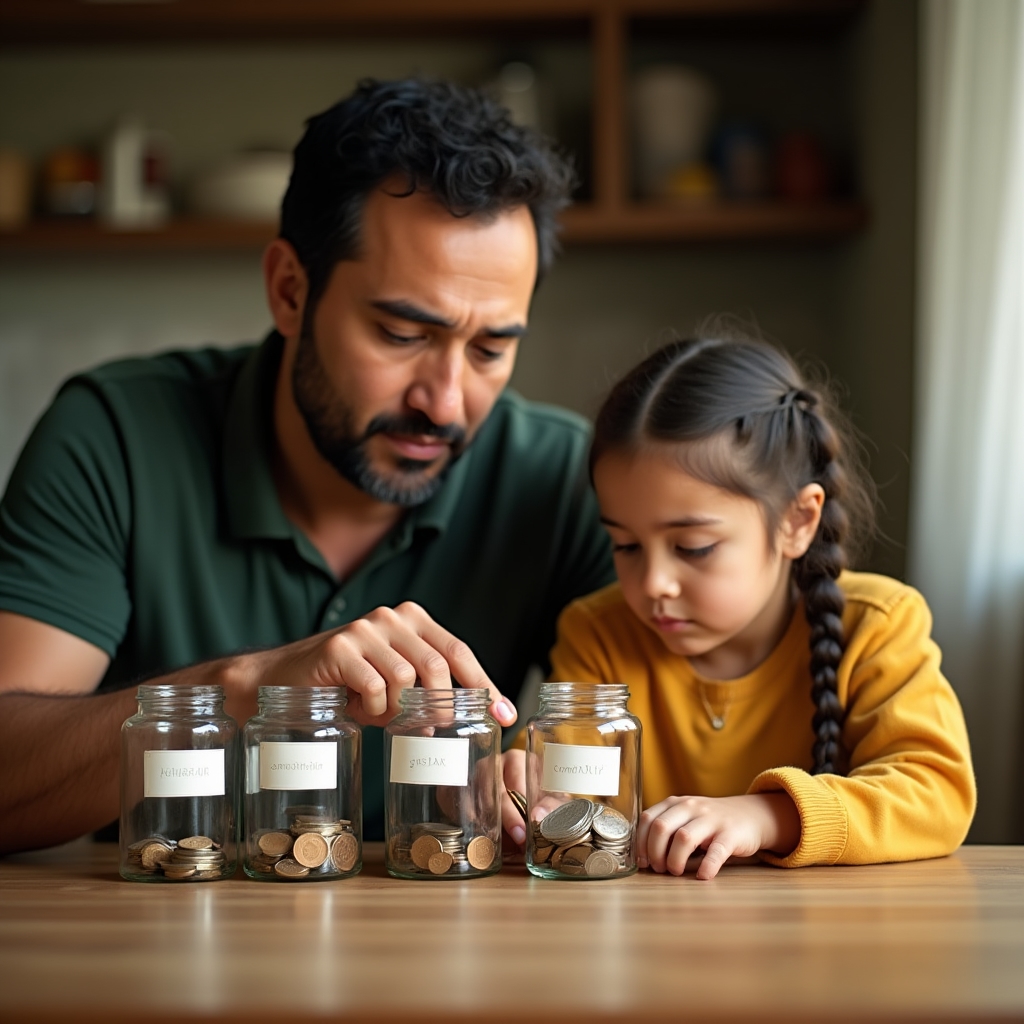 Parent and child counting coins together as part of a structured allowance learning activity
