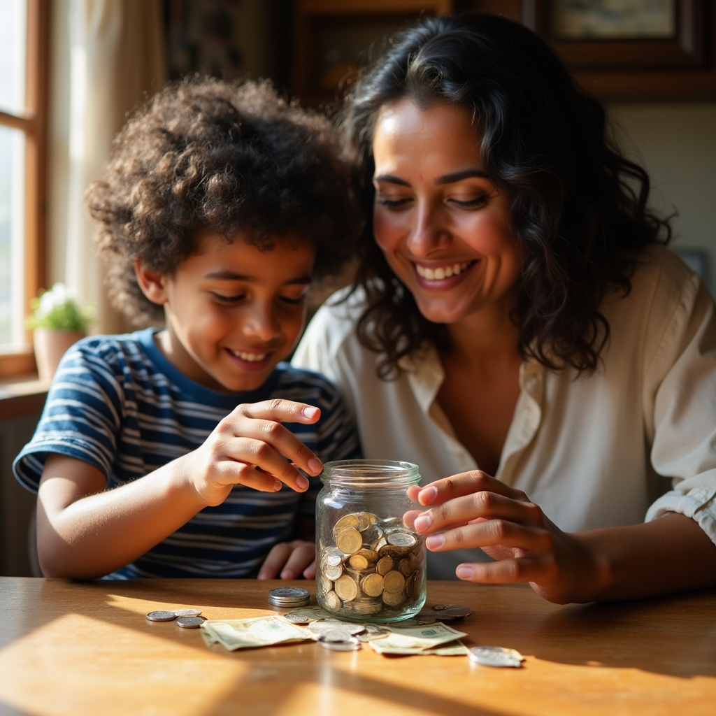 Parent and child having a natural conversation about money at the kitchen table