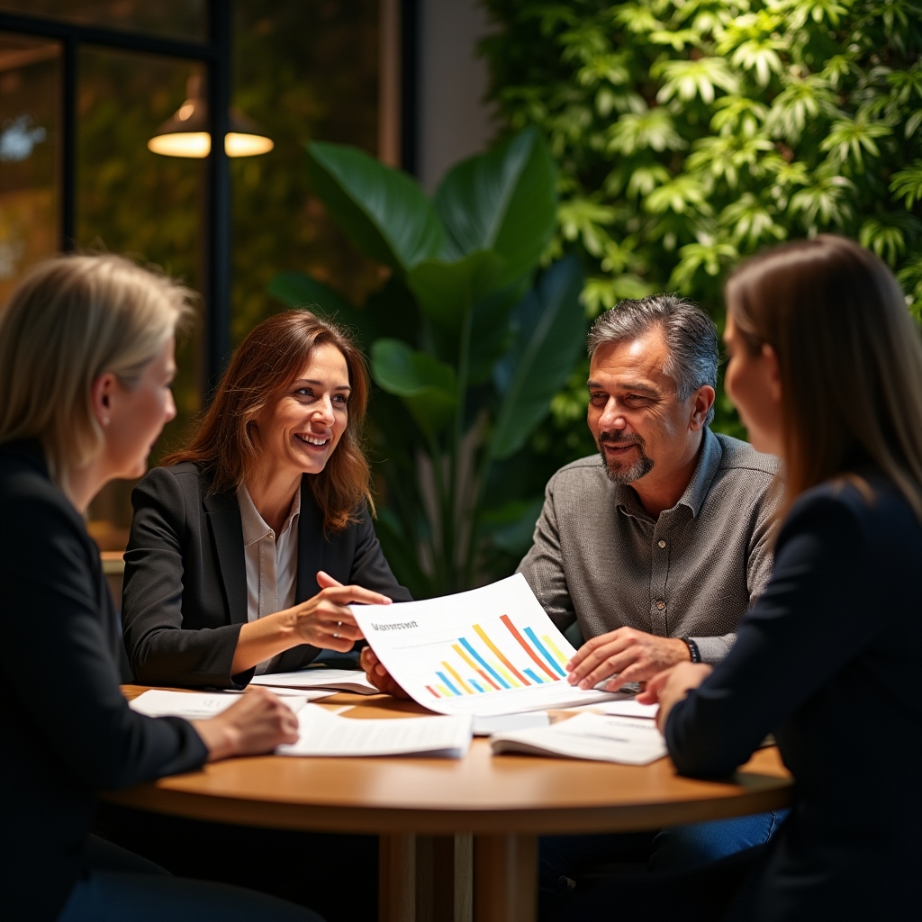 Simple Budget team members collaborating around a table in a bright, plant-filled workspace